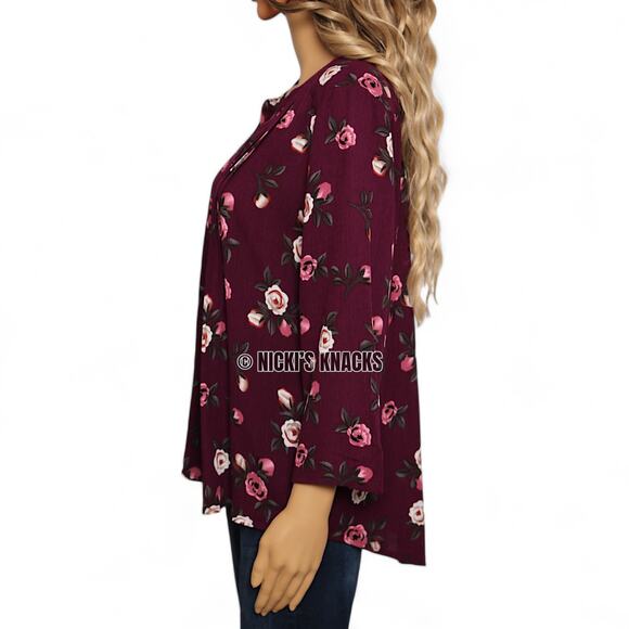 Stitch Fix Burgundy Floral Blouse Split Neck 3/4 Sleeve Pleated Fall Top Size S - Picture 4 of 9